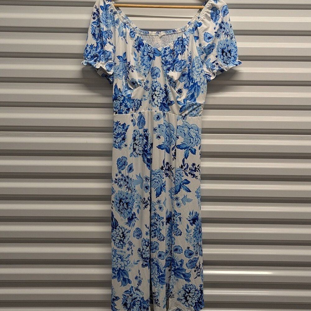 Cottagecore Milkmaid Romantic Off Shoulder Coastal Blue Floral Dress Large